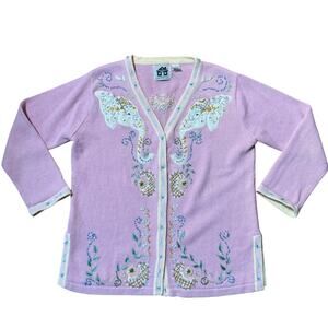 Storybook Knits Women Cardigan SZ L Pink Elephant Beaded Sequin Beaded Teacher